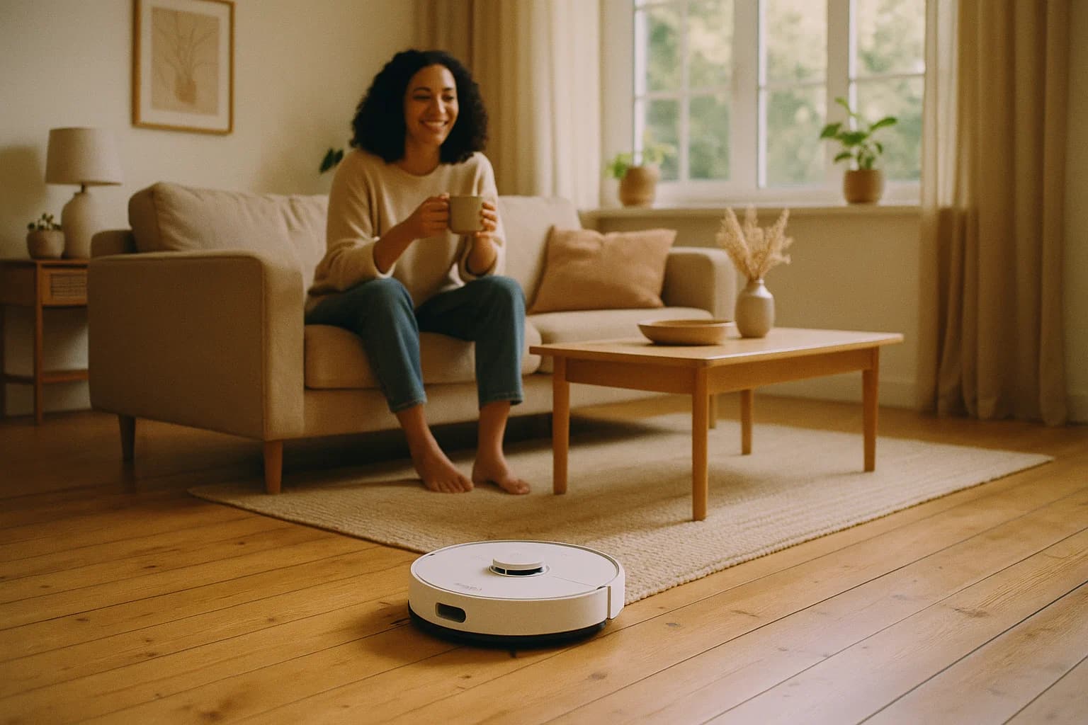 Robot vacuum cleaning modern apartment
